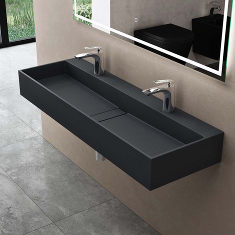 doporro Lavabo sobre encimera 120x40x14cm de diseño Colossum6028 lavabo en antracita mate de fundición mineral con 2 orificios para grifería