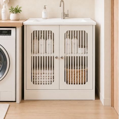 Mueble Bajo Lavabo con 2 Puertas de Lamas y Estante Ajustable, para Baño, Tablero de Partículas, Blanco (1/5)