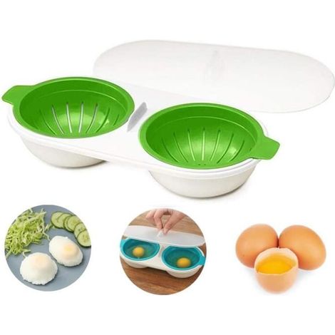 Pocheuse à œufs - Au Micro-Ondes - 2 Tasses - Plastique PP - Blanc et Vert - Facile à Utiliser (1/4)