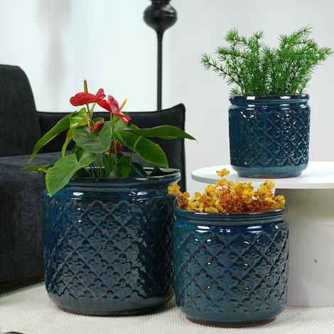 Set di 3 vasi in ceramica 38 30,5 23 cm, rilievo diamantato, smaltato blu navy (1/5)