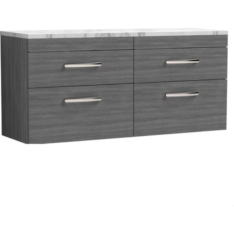 Millwich Contemporary 4 Drawer Wall Hung Vanity Unit with Laminate Carrara Marble Worktop, Anthracite Woodgrain, 1200mm