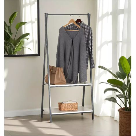 mobile da ingresso con due ripiani in metallo grigio scuro e bianco 64x40x150 cm (1/3)