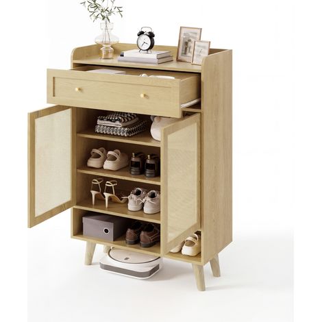 CHICFURN Zapatero 80x35x105 cm de ratán y madera roble claro, 4 estantes y cajón para recibidor (1/5)