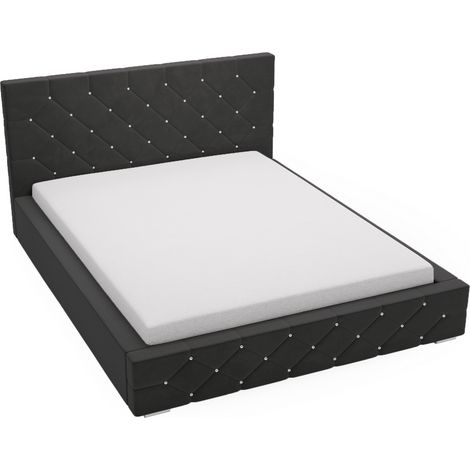 Emporius Lit design 180x200 cm Solar, lit glamour avec cristaux, rangement - velours Noir (1/5)