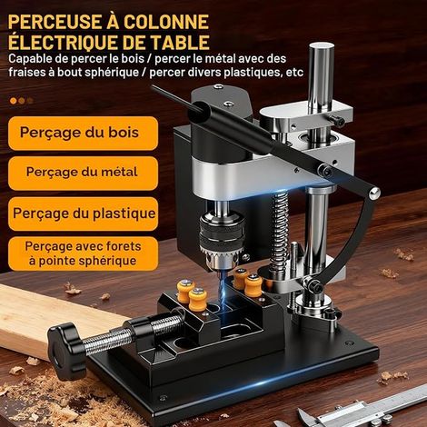Mini Perceuse à Colonne, 200W Perceuse d'Établi, 7 Vitesses Réglables, Réglage Hauteur 50mm, Mandrin Perçage 0,6-6 mm, Course Perçage 50 mm, Moteur 775 pour Métal, Bois, Acrylique, Aluminium (1/3)