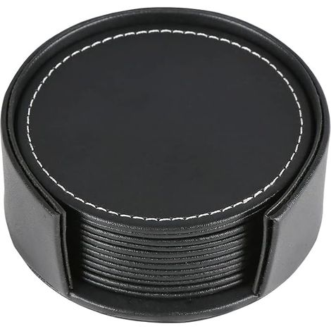 Juego de 6 posavasos de cuero con soporte (negros) (1/5)