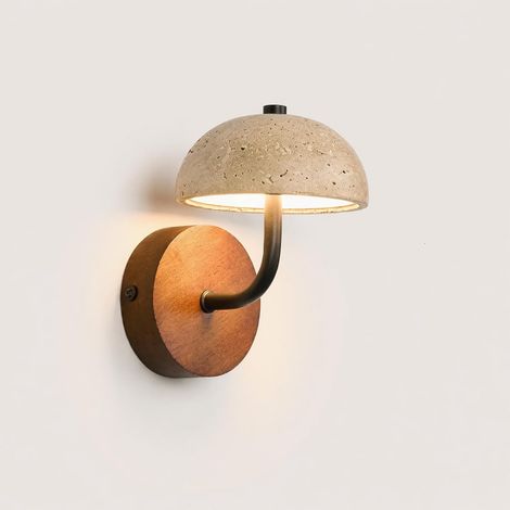 Applique murale Wabi Sabi en travertin, en pierre naturelle, en forme de champignon, avec éclairage LED et rosace en bois, idéale pour chambre, salon ou couloir. (1/5)