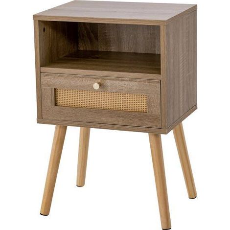 Table de chevet en rotin set de 1 avec tiroir en rotin et étagère ouverte - naturel (1/5)