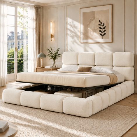 Modernluxe - Lit coffre capitonné 200x200 cm - Tête de lit capitonnée - Grand espace de rangement - Tissu bouclé - Blanc (Matelas non inclus) (1/5)