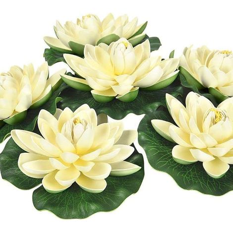 Lot de 6 fleurs de lotus artificielles flottantes en mousse, avec ornements de feuilles de nénuphar, KLB-AquaForge (1/5)