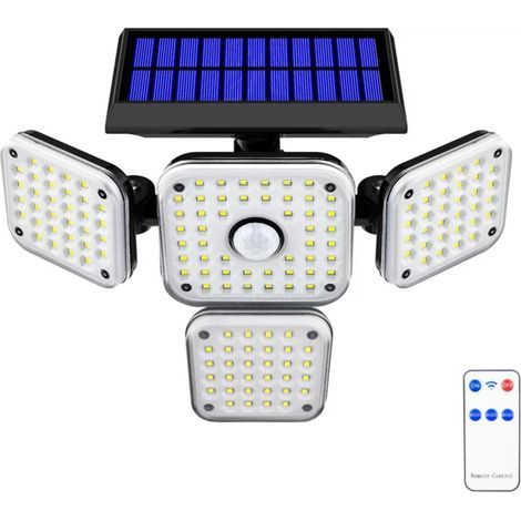 Solar-Sicherheitsleuchte mit Fernbedienung, 4 Köpfe, Bewegungssensor, 3 Modi, Sicherheitsflutlicht mit 144 LEDs (1/5)