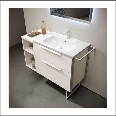 Mobile Bagno Urban90 cm Sospeso Bianco Rock Base 2 Cassettoni e 1 vano a giorno - Lavabo in Resina (1/5)
