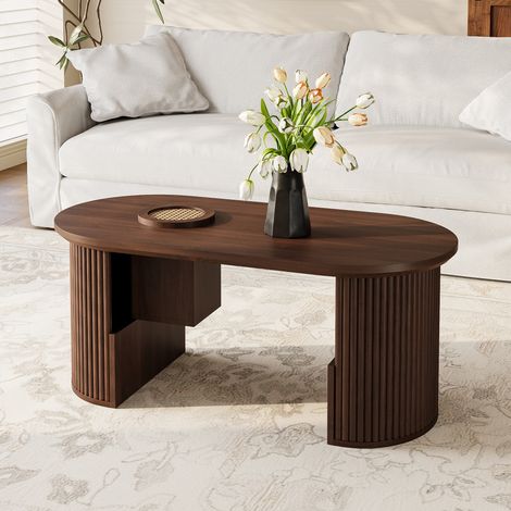 Table basse rétro en noyer, veinage vertical, dimensions : 105 cm (L) x 50 cm (P) x 46,5 cm (H) (1/5)