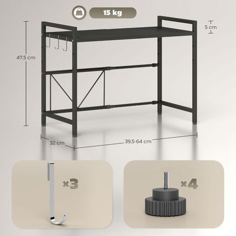 Support micro-ondes réglable noir en métal, étagère avec 3 crochets, support mural extensible pour four