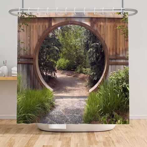 120x180cm Nature Garden Scenery Rideau de Douche Porte Ronde en Bois Farmhouse Vintage Rideau de Bain Vert Botanique Feuilles Rideau de Baignoire Tissu Polyester avec Crochets (1/4)