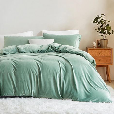 Parure de lit en Flanelle Polaire - 135 x 200 cm - Vert Clair - Peluche Chaude - Toucher Cachemire - avec Housse de Couette et taie d'oreiller de 80 x 80 cm - Vert Clair (1/5)