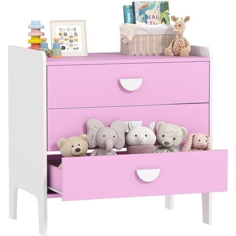 Commode enfant à 3 tiroirs en MDF, meuble de rangement, couleur rose et blanc