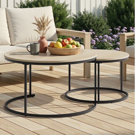 Tavolino Basso Rotondo, Set di 2 Tavolini Annidati, Piano Effetto Legno e Struttura in Metallo, per Soggiorno, 80 × 80 × 45 cm (1/5)