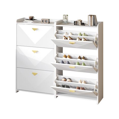 Meuble à chaussures (avec 3 portes abattantes)  Meuble à chaussures d'entrée (avec 6 compartiments)  Meuble d'appoint  Meuble de rangement pour salon  Matériau : MDF  Blanc  Finition thermoformée  Lar (1/5)