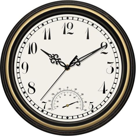 Indoor Outdoor Waterproof Wall Clock with Thermometer, Retro Silent Non-Ticking Round Clock for Garden Patio Yard Bathroom Home (12 Inch, Black Gold)