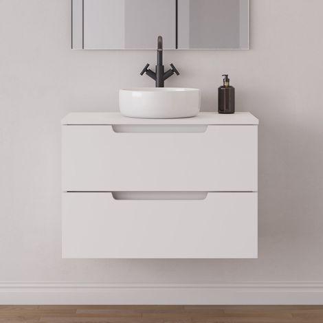Meuble de salle de bain 70cm avec plateau et vasque à poser ronde - 2 tiroirs - sans miroir - blanc mat - SONRIZA (1/5)