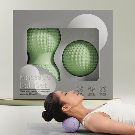 Ensemble de balles de massage en silicone, comprenant une balle cacahuète pour la nuque, une balle pour les fascias et une balle verte de relaxation musculaire.