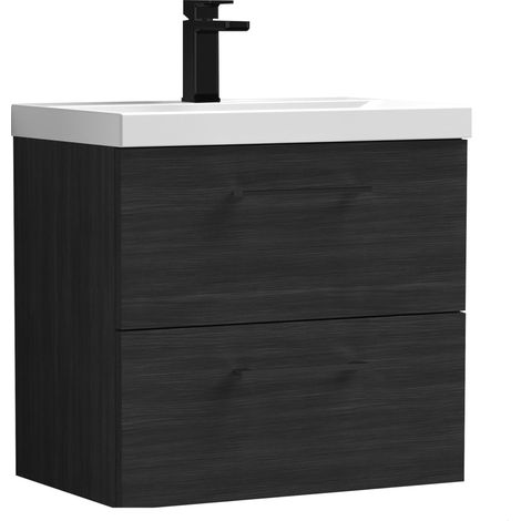 Balterley 600mm Wall Hung Bathroom 2 Drawer Vanity Unit and 1 Tap Hole Ceramic Basin, Woodgrain Black with Black Handles