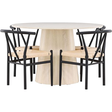 Lanzo Essgruppe Tisch Ø120cm und 4 Stühle mit Armlehnen stapelbar whitewash.