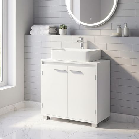Meuble sous Lavabo, Rangement Salle de Bain avec Portes, 2 Compartiments, Pieds, 60 x 30 x 60 cm, Blanc (1/5)