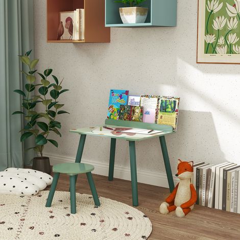 Kindertisch mit Stuhl und Bücherregal, Schreibtisch für Kinder ab 3 Jahren fürs Spielzimmer, Grün