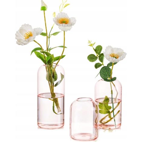 Jarrón de cristal rosa recto para flores, paquete de 3 unidades ŁWB
