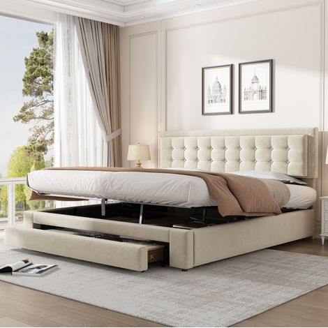 Cama con almacenaje 180 x 200 cm, cajones, cabecero ajustable 10 cm, terciopelo beige DESVIAE (1/5)