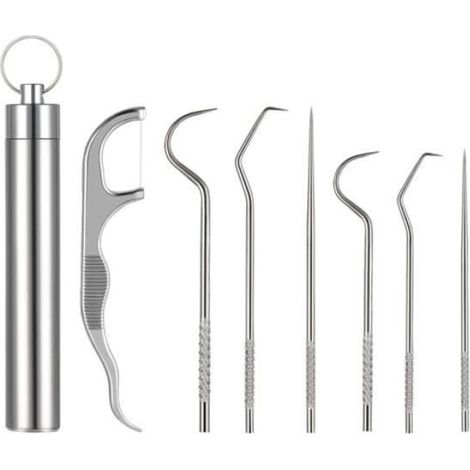 Set de 7 cure-dents, acier inoxydable, réutilisable, avec support et porte-clés, pour soins dentaires adultes (1/3)