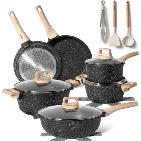 Set di pentole antiaderenti in granito da 15 pezzi - Nero