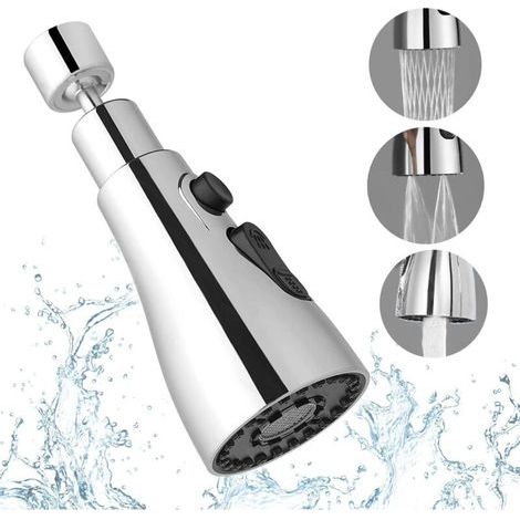 Douchette Robinet Cuisine 3 Modes- 360 Degres Embout pour Robinet Cuisine, Tete de Robinet, Mitigeur Evier Douchette, Rallonge pour Robinet de Cuisine (Argent) (1/4)