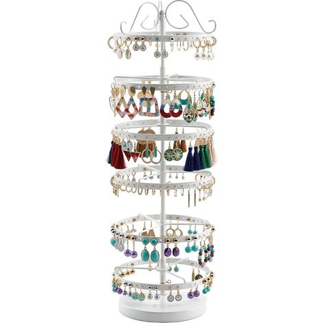 ® 6 Niveaux porte de boucles d'oreilles, Support bijoux rotatif en métal, Distance entre les niveaux réglable, Capacité de 260 trous pour 130 paires,Blanc (1/5)