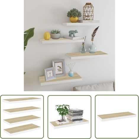 The Living Store Schweberegale 4 Stk. Eichen-Optik und Weiß 60x23,5x3,8 cm MDF - Schweberegale - Wandregal - Regal - Holzregal - Eichendekor (1/5)