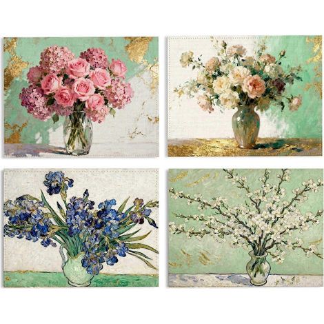 Lot de 4 sets de table/dessous de verre/nappes en lin imprimés à plat, motif bouquet de peinture à l'huile vintage. Idéaux pour les repas de fêtes et les réunions de famille. (1/5)
