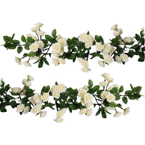 Lot de 2 guirlandes de roses artificielles suspendues (1,78 m par guirlande), lierre, rose artificielle, pour la maison, les fêtes et le jardin (69 petites roses blanches).
