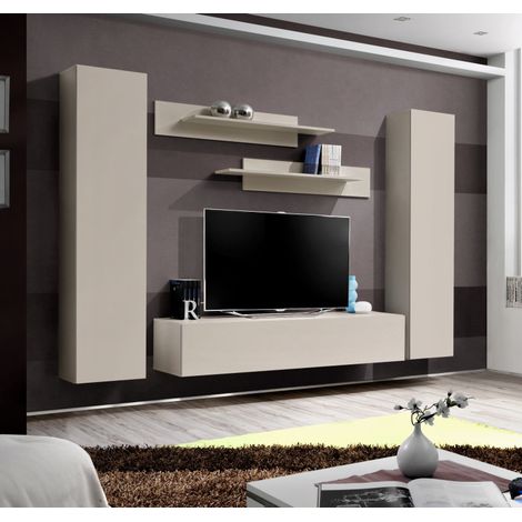 Ensemble meuble TV mural Fly A1 - Bois MDF cachemire - 240 x 170 x 40 cm - Livraison gratuite