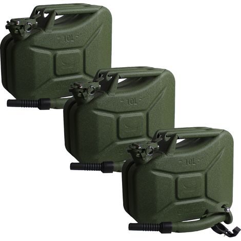 3x Benzinkanister Kraftstoffkanister Metall 10 Liter Hammerschlag Olivgrün inkl. Ausgießer + Halter (1/5)
