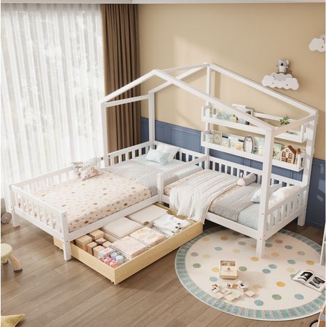 Lit enfant maison L en bois blanc avec tiroirs, étagères et barrière 90x200/140x70 cm OKMYHOME (1/5)