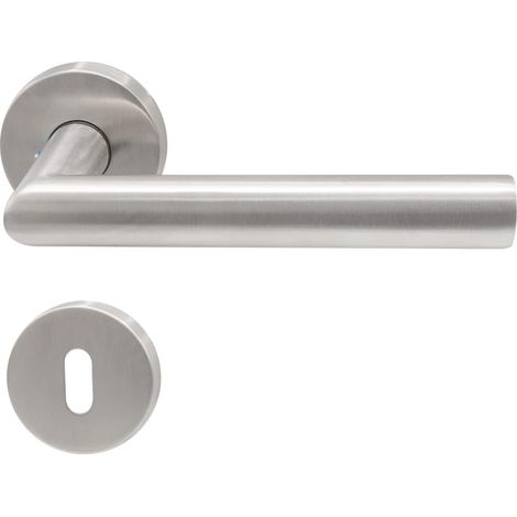 Poignée de porte en acier inoxydable, en forme de L, rosace ronde, ferrure de porte pour porte de chambre (serrure à clé ronde BB) (1/5)