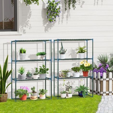 Juego de 2 estanterías para plantas, 70x27x110 cm, de 4 niveles, estructura estable, acero verde (1/5)