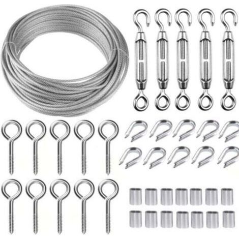 Corde en Acier Inoxydable à Suspendre Kit,30M/2mm Câble en Acier Inoxydable Revêtu avec M5 Tendeurs,Kit Cable Métallique 2mm pour Plantes Grimpante,Corde a linge,Rambarde,Cable de Garde Corps (1/4)