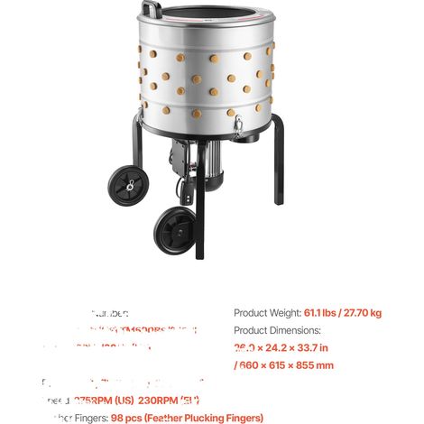 Máquina desplumadora de pollos, eficiente eliminación de plumas, diseño duradero, 750 W (1/2)