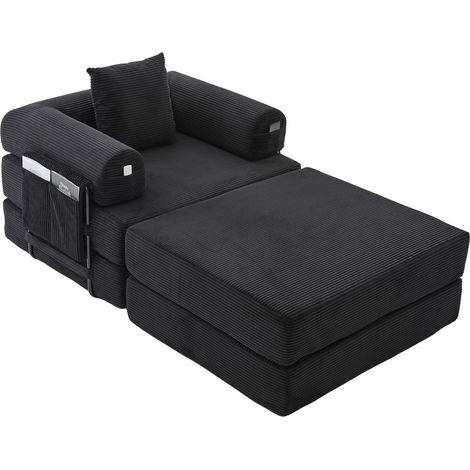 Modulares schwarzes Cord-Sofa mit Hocker, Kissen und Seitentasche, montagefrei