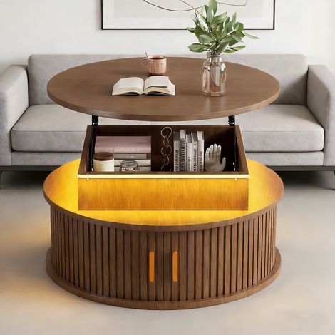 Table basse ronde 75x75x52cm réglable en hauteur, table d'appoint avec LED, meuble à thé avec 2 portes coulissantes, rangement caché, couleur noyer. (1/5)
