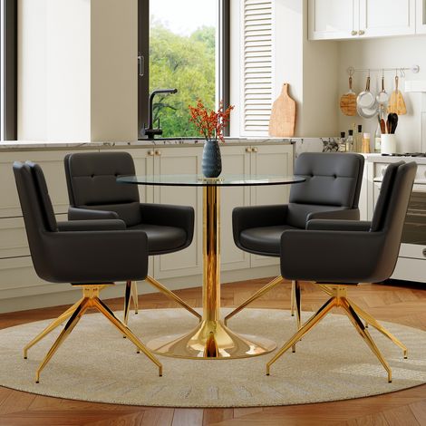 Ensemble table verre 85 cm + 4 chaises PU pivotantes 360° noir-or. Support métallique luxueux pour aménagement de salle à manger. (1/5)