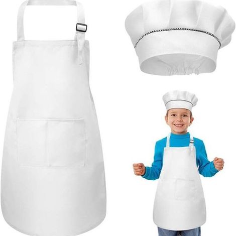 Grembiuli e cappelli da chef per bambini - Set di 2 - Grembiule da chef per cucina e giardino - Grembiule da cucina con tasche - Per cucinare, preparare dolci, dipingere e fare lavoretti - Bianco - 60 (1/5)